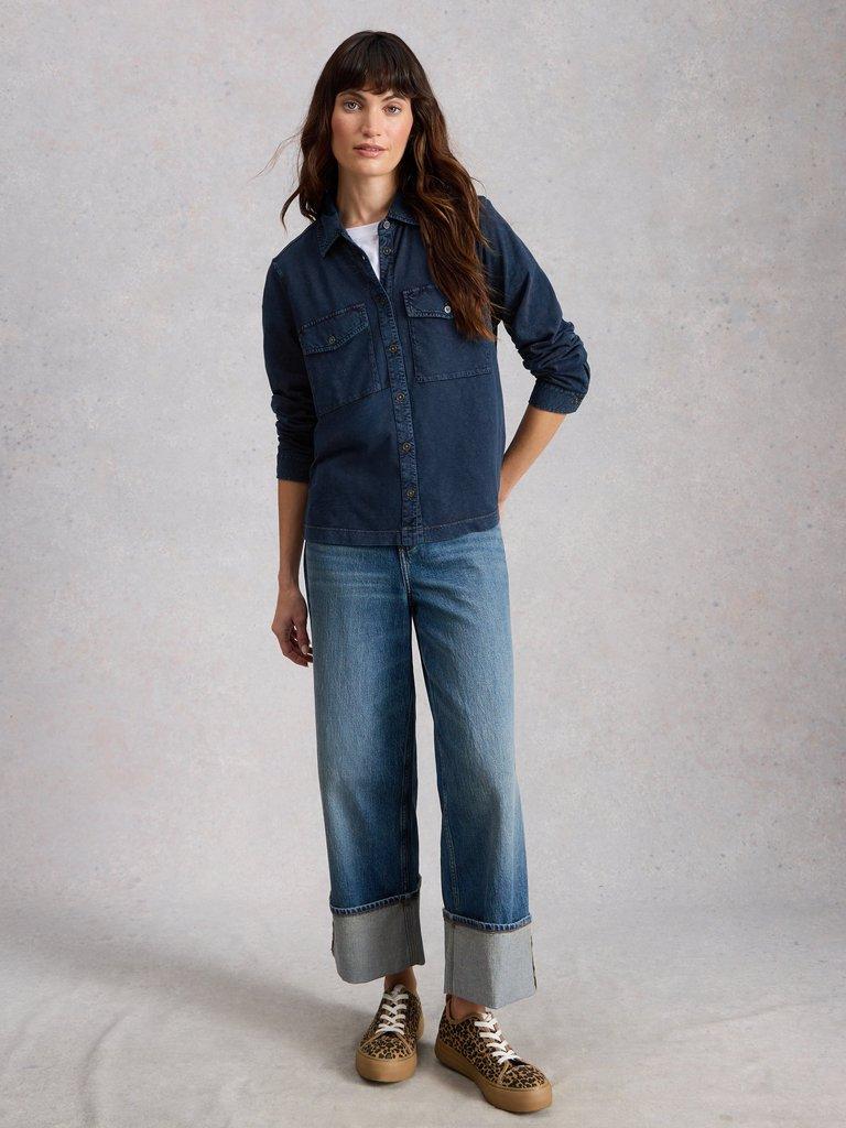 UNA POCKET UTILITY SHIRT in MID BLUE - MODEL FRONT