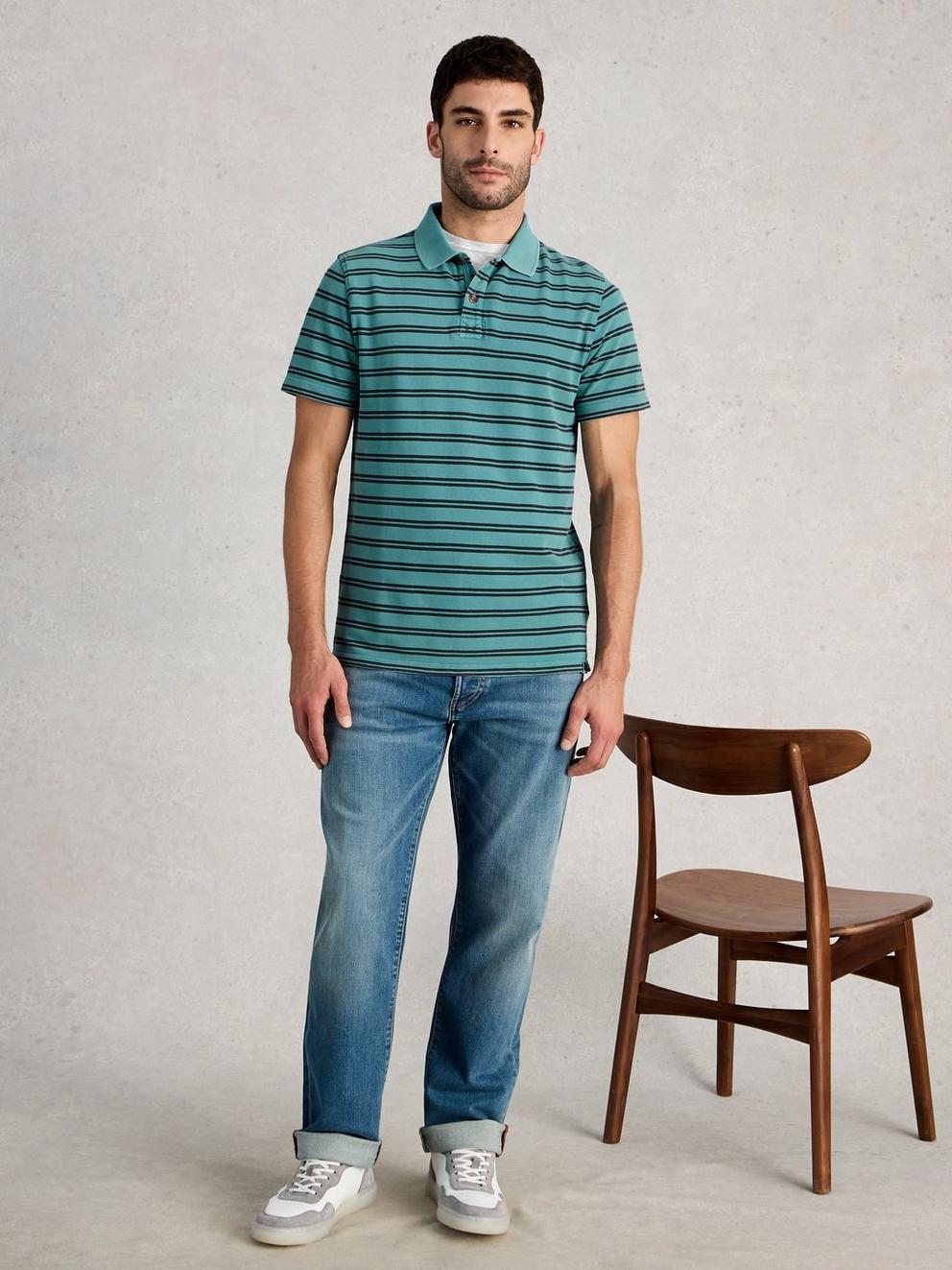 SS Utility Stripe Polo in BLUE MLT - MODEL FRONT