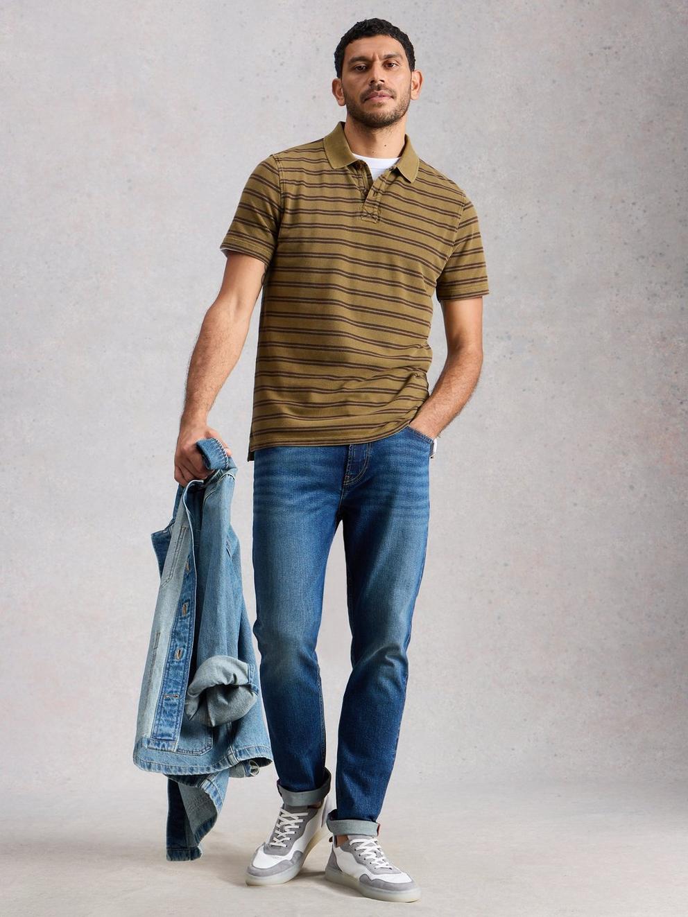 SS Utility Stripe Polo in GREEN MLT - MODEL FRONT