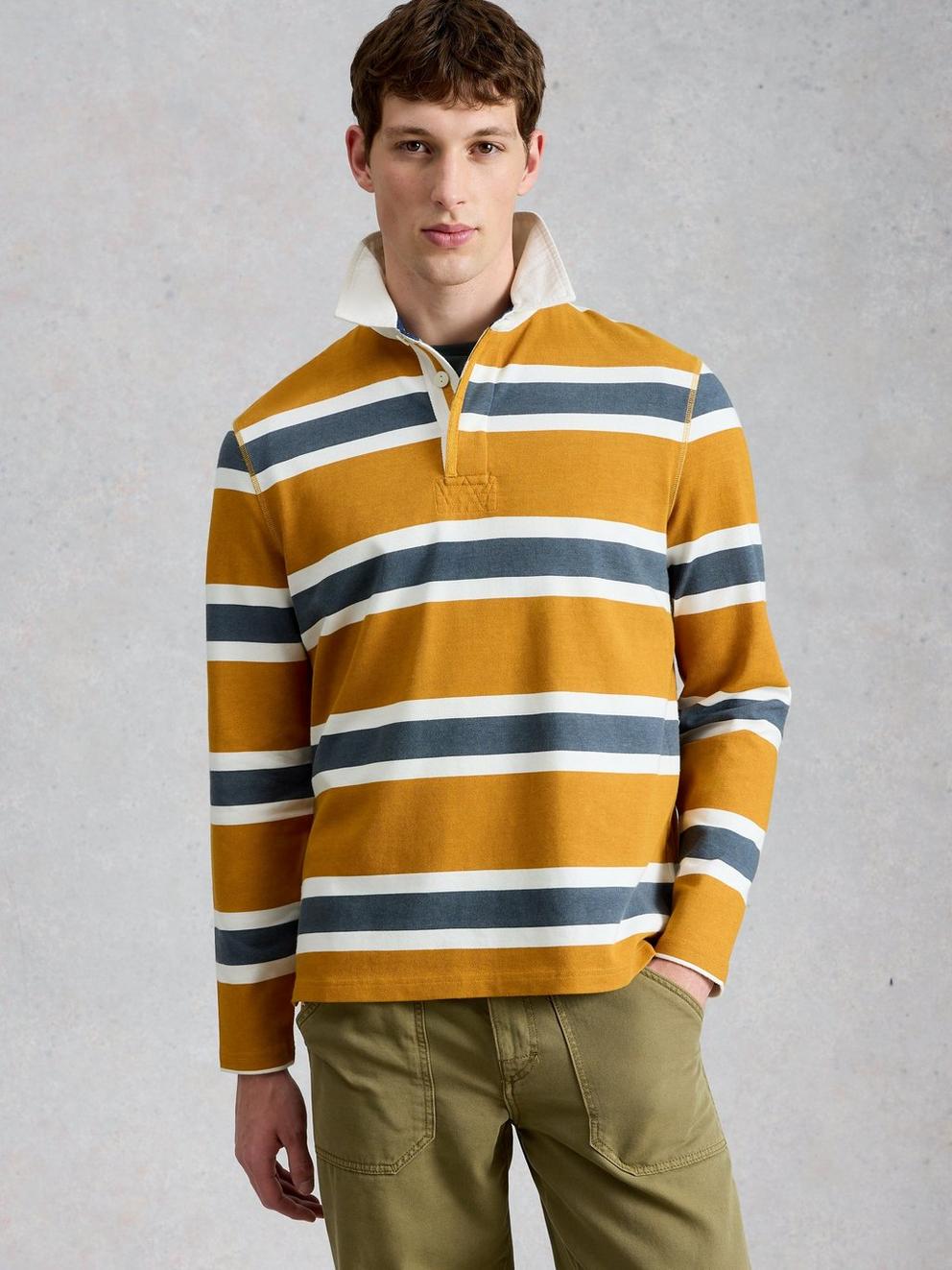 Bletchley Stripe Rugby in TAN MULTI - MODEL DETAIL