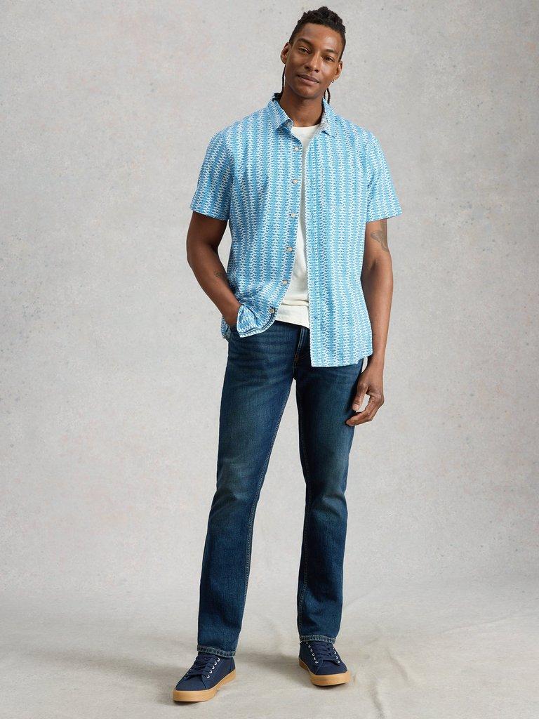 Finsbury SS Fish Print Shirt in WHITE PR - MODEL FRONT