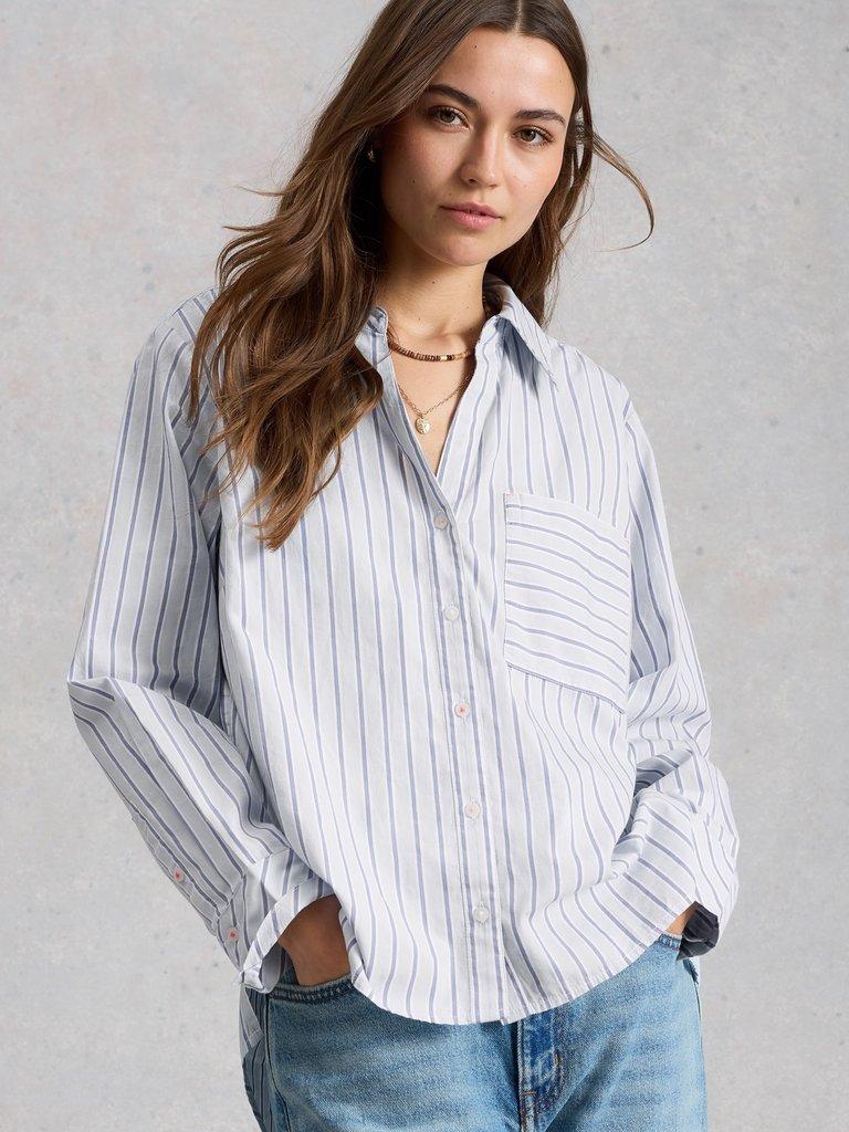 Sadie Poplin Boyfriend Shirt  in BLUE MLT - MODEL DETAIL