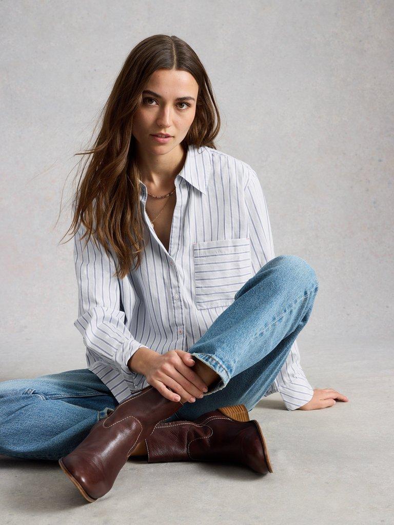 Sadie Poplin Boyfriend Shirt  in BLUE MLT - MODEL FRONT