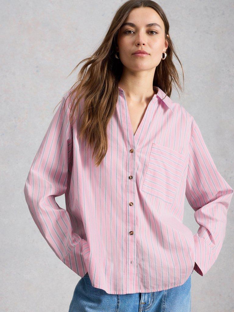 Sadie Poplin Boyfriend Shirt  in PINK MLT - MODEL DETAIL