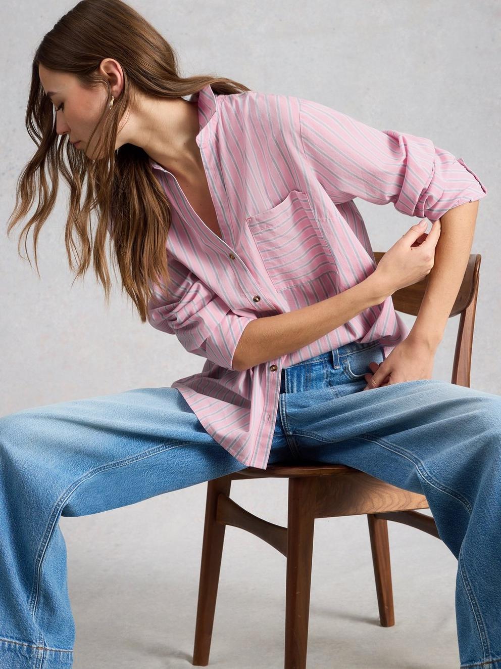 Sadie Poplin Boyfriend Shirt  in PINK MLT - MODEL FRONT