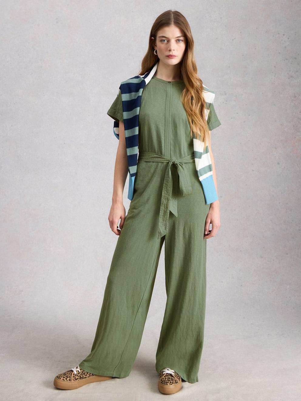 Sandy Jersey Jumpsuit in DUS GREEN - MODEL DETAIL