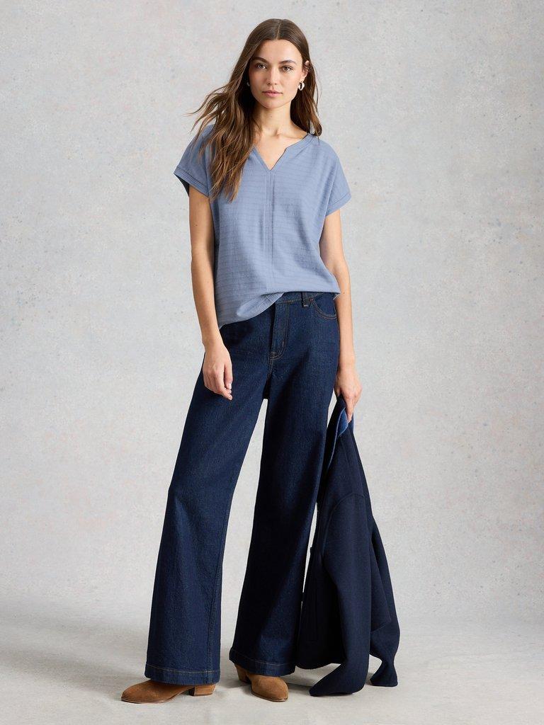 NELLY NOTCH TEXTURE TEE in MID BLUE - MODEL FRONT