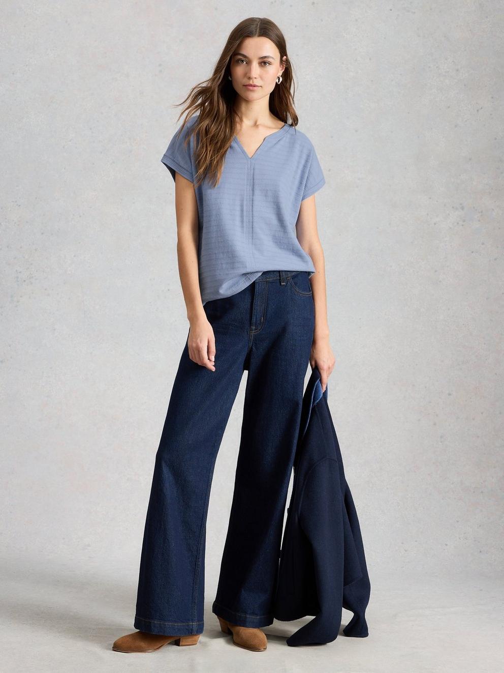 NELLY NOTCH TEXTURE TEE in MID BLUE - MODEL FRONT