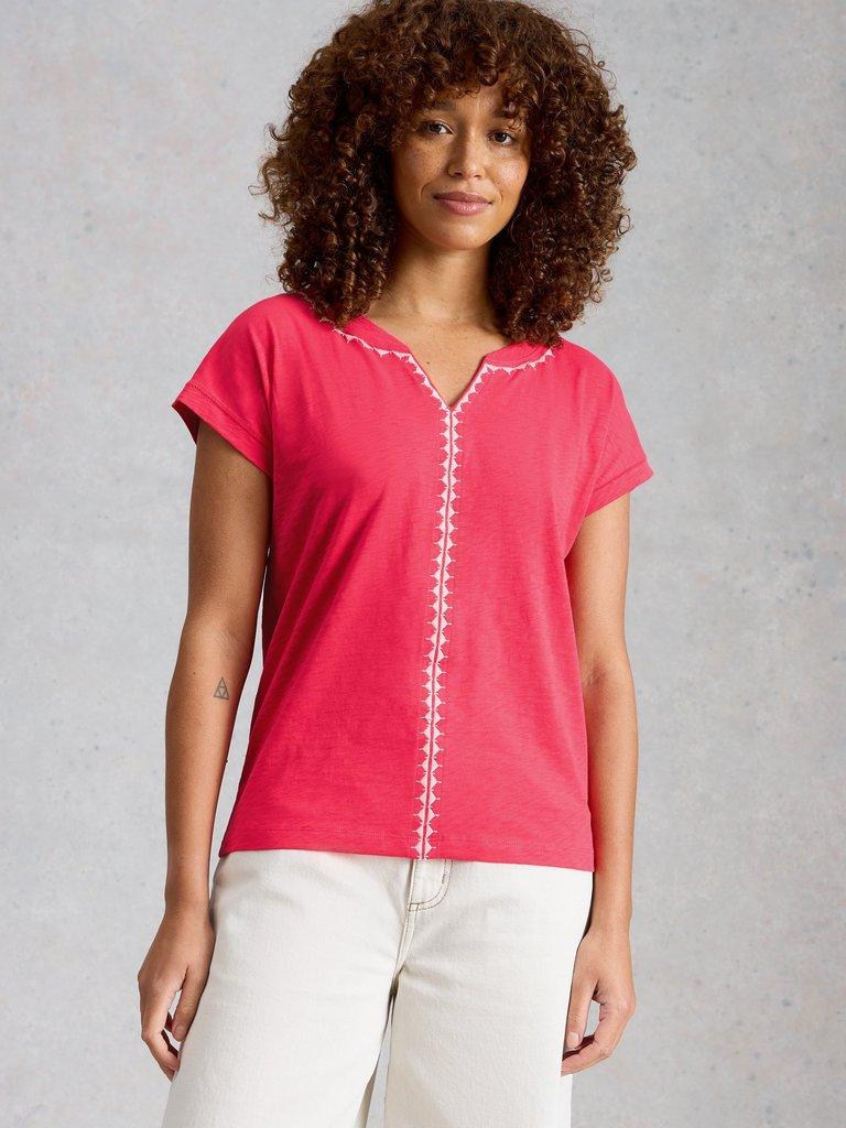 NELLY PLAIN EMBROIDERED TEE in BRT PINK - MODEL DETAIL