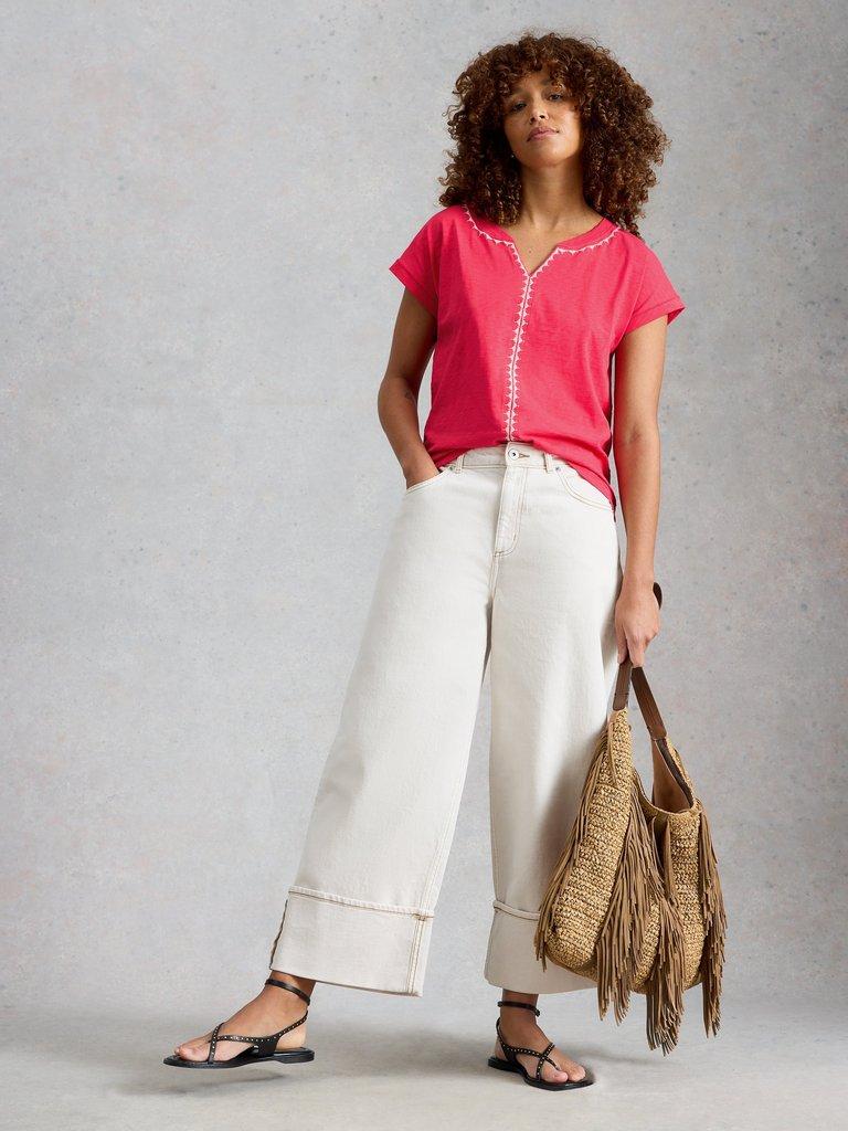 NELLY PLAIN EMBROIDERED TEE in BRT PINK - MODEL FRONT