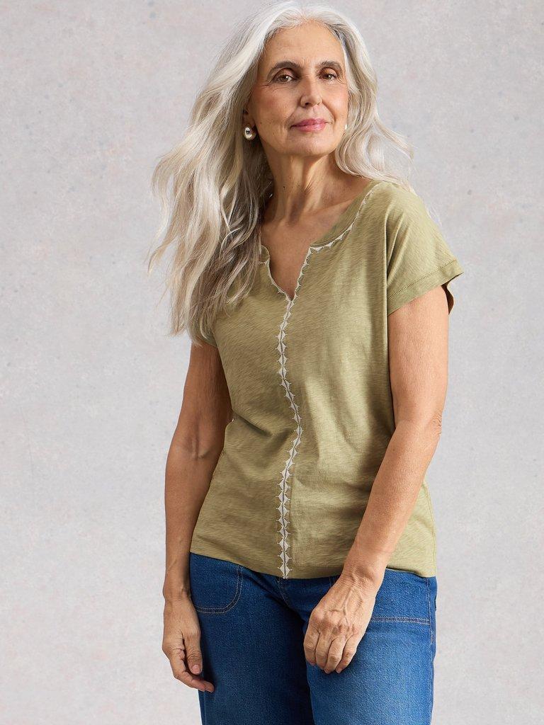 NELLY PLAIN EMBROIDERED TEE in GREEN MLT - MODEL DETAIL