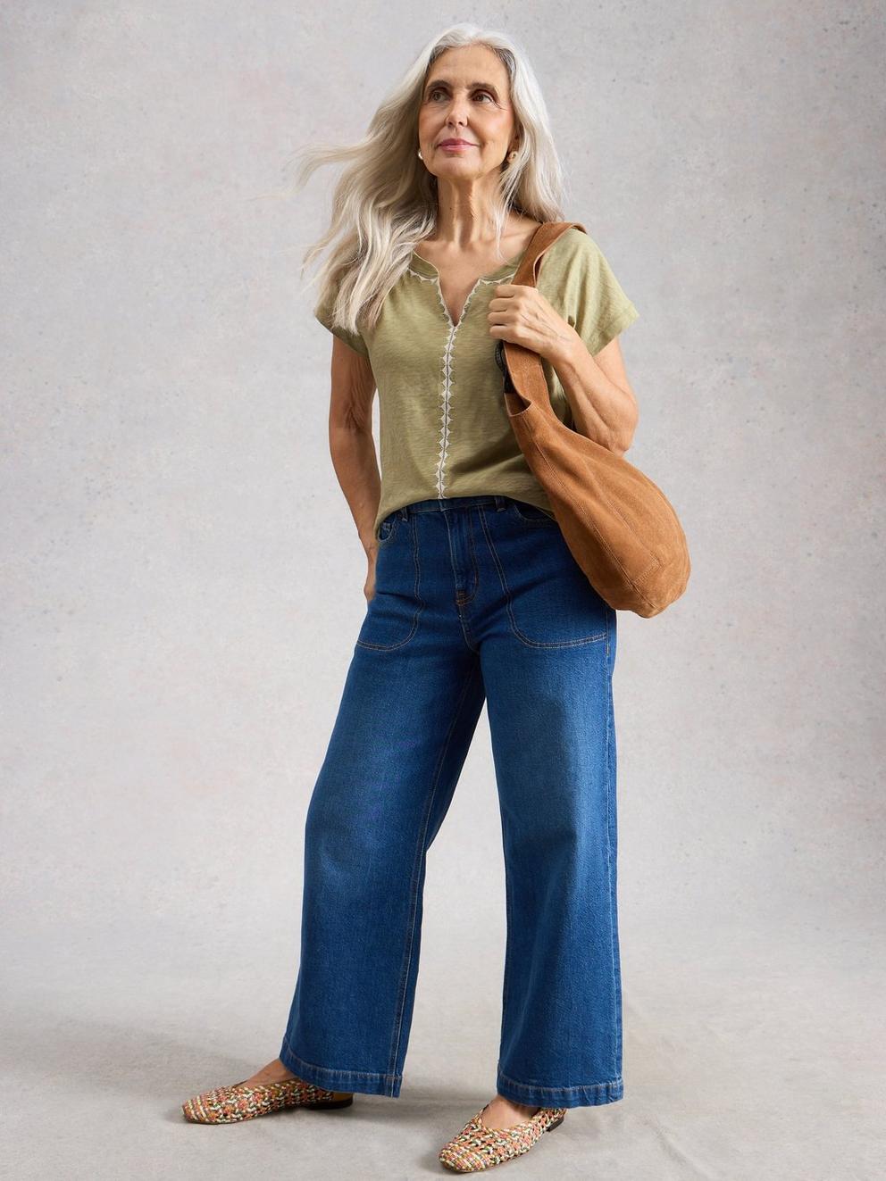 NELLY PLAIN EMBROIDERED TEE in GREEN MLT - MODEL FRONT