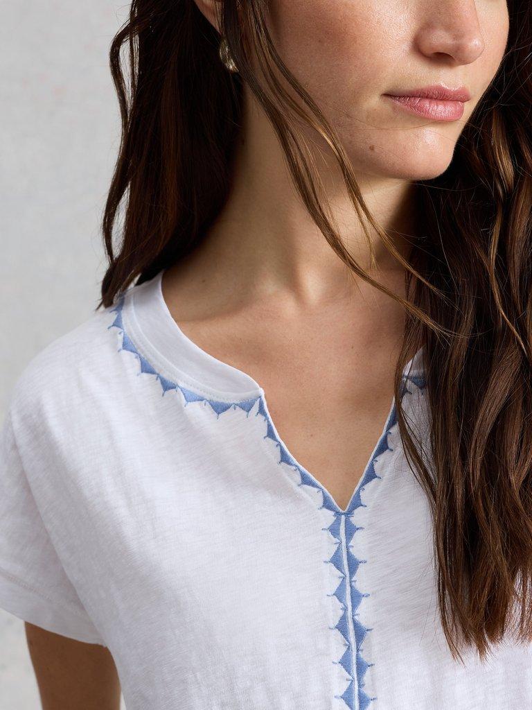 NELLY PLAIN EMBROIDERED TEE in WHITE MLT - MODEL DETAIL