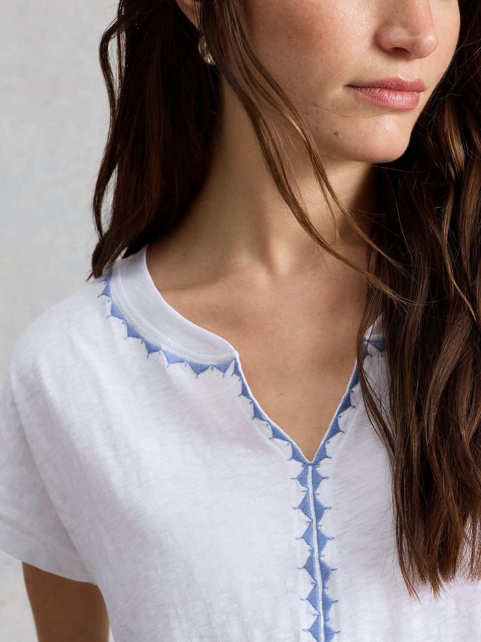 NELLY PLAIN EMBROIDERED TEE in WHITE MLT - MODEL DETAIL