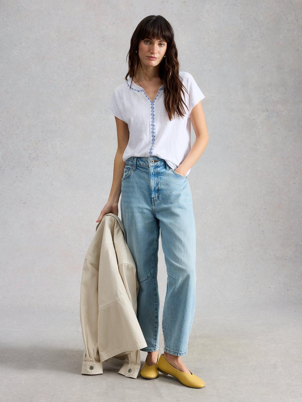 NELLY PLAIN EMBROIDERED TEE in WHITE MLT - MODEL FRONT