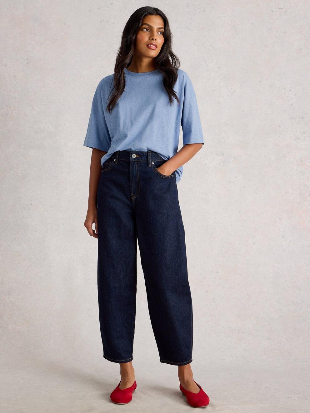 KATYA SHORT SLEEVE TEE in MID BLUE - MODEL FRONT