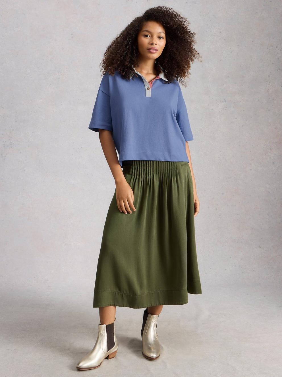 RUBY RUGBY TOP in MID BLUE - MODEL FRONT