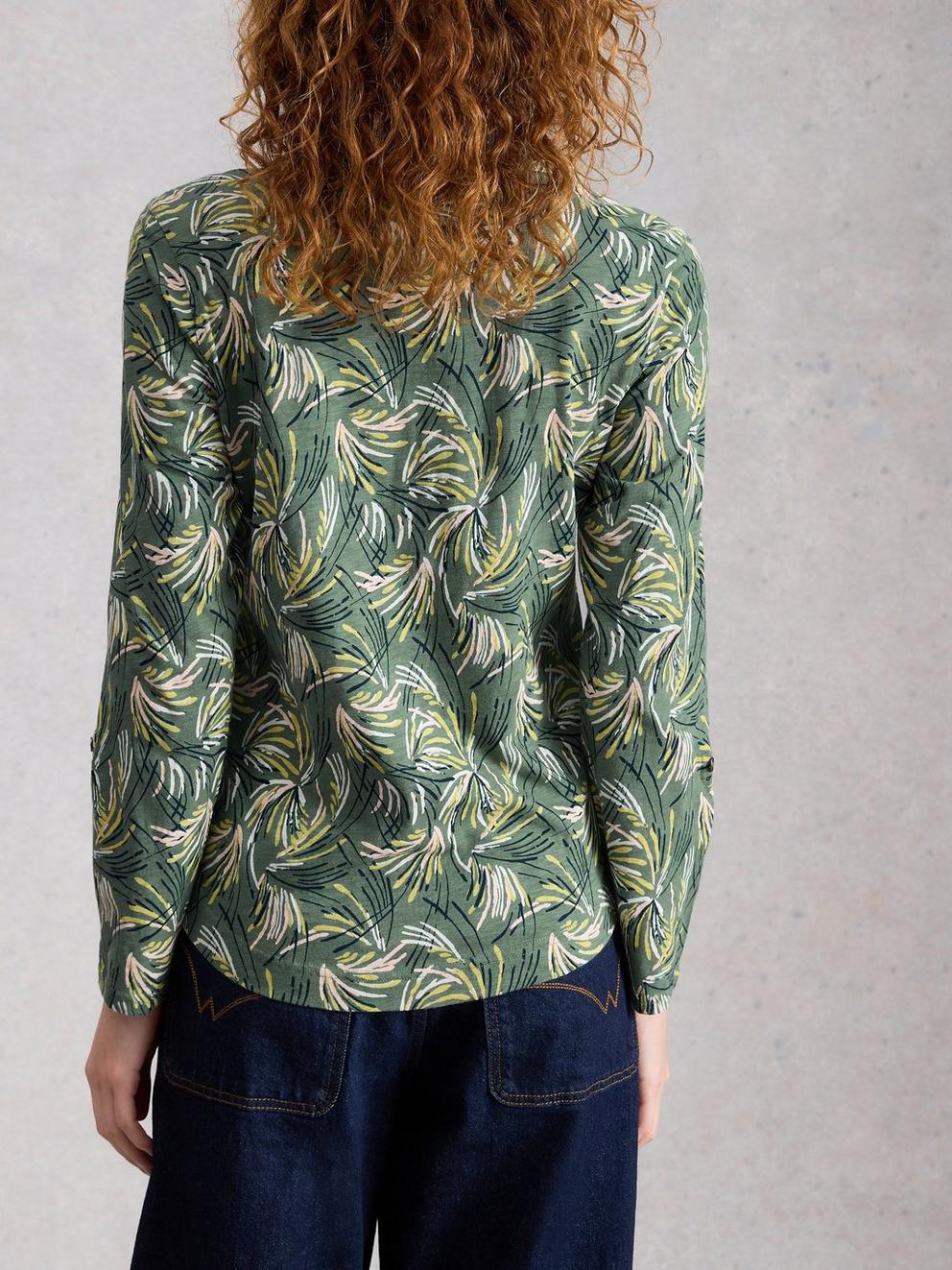 WOMENS JERSEY ANNIE COLLARED SHIRT in GREEN PR - MODEL BACK