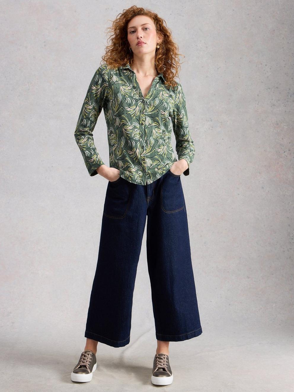 WOMENS JERSEY ANNIE COLLARED SHIRT in GREEN PR - MODEL FRONT