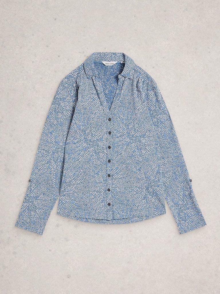 WOMENS JERSEY ANNIE COLLARED SHIRT in MID BLUE - FLAT FRONT