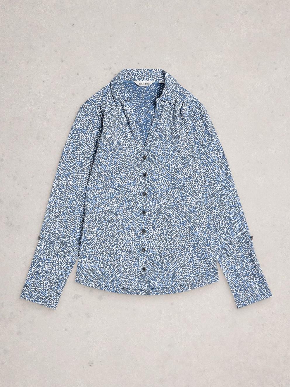 WOMENS JERSEY ANNIE COLLARED SHIRT in MID BLUE - FLAT FRONT