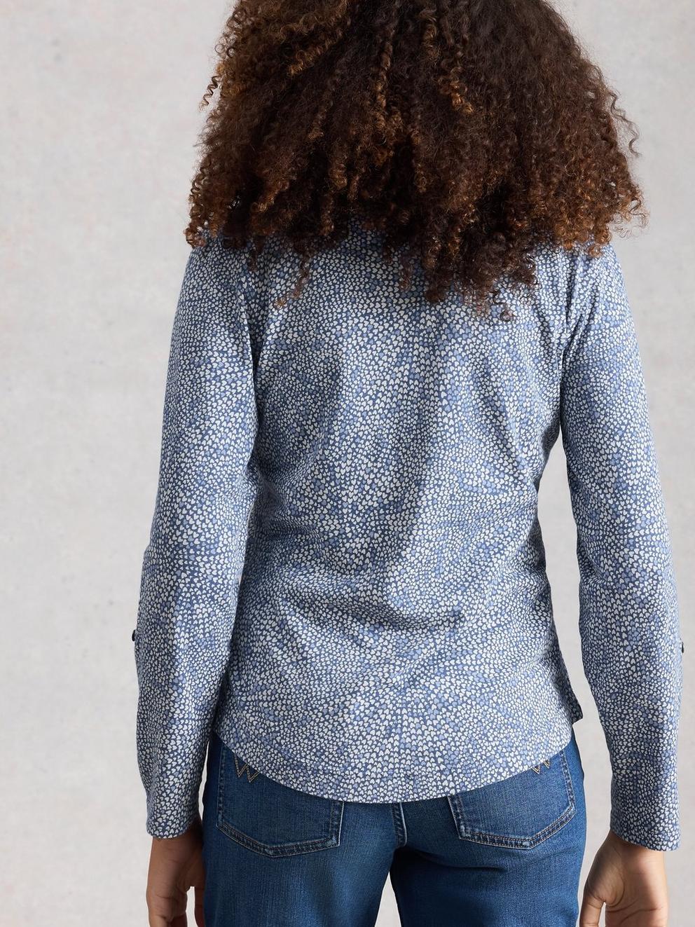 WOMENS JERSEY ANNIE COLLARED SHIRT in MID BLUE - MODEL BACK