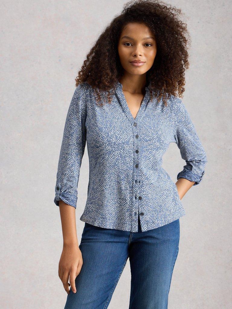 WOMENS JERSEY ANNIE COLLARED SHIRT in MID BLUE - MODEL DETAIL