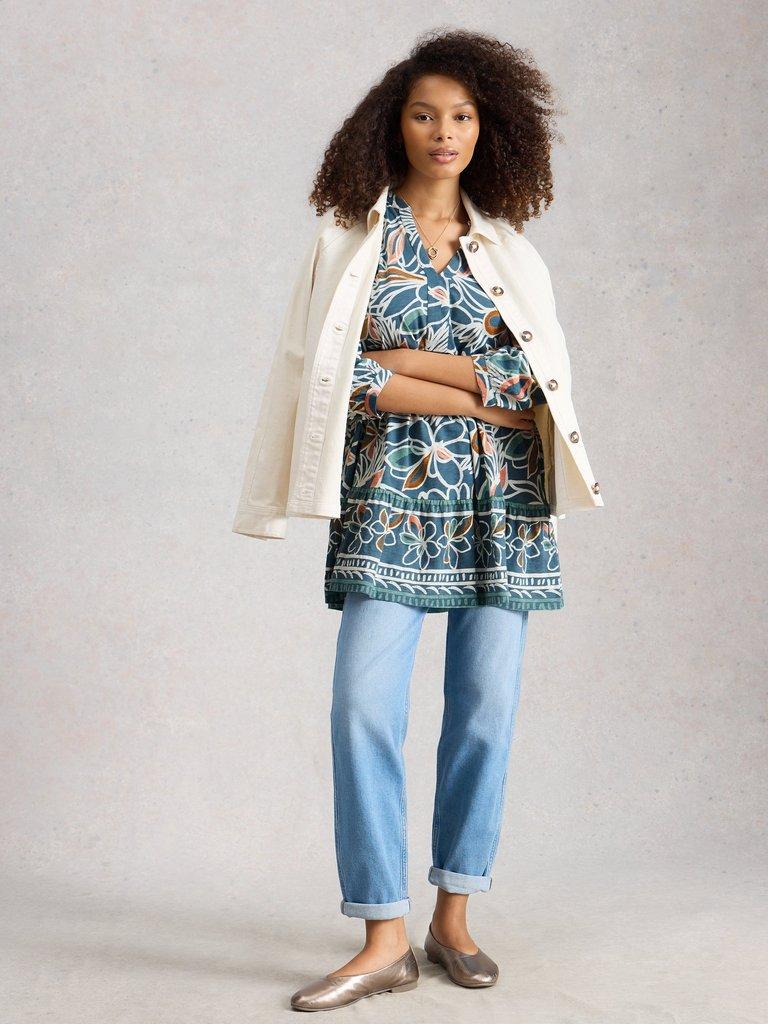 MARTA TUNIC NOTCH NECK in TEAL PR - MODEL FRONT