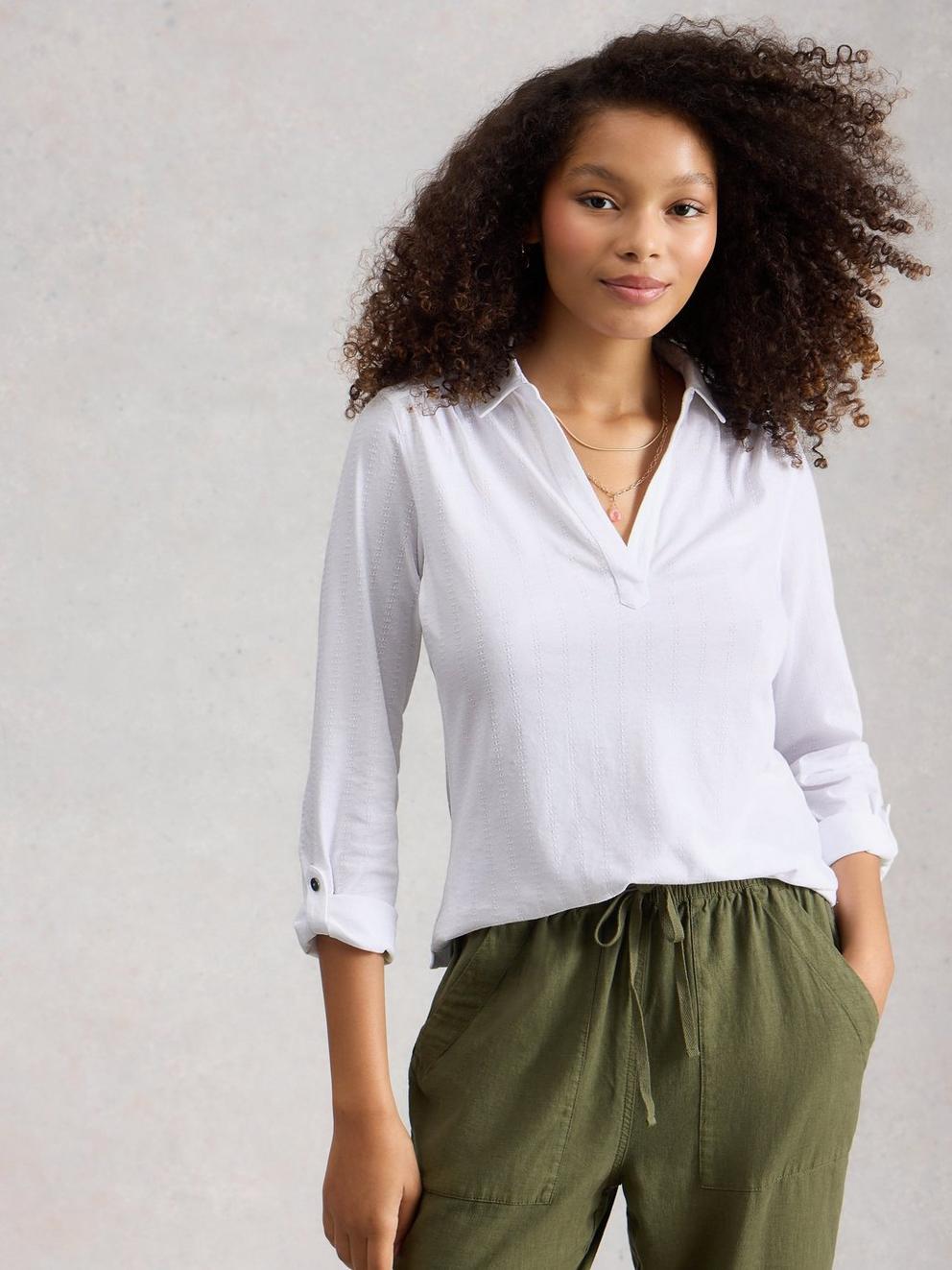 ALLIE JERSEY TEXTURE SHIRT in BRIL WHITE - MODEL DETAIL