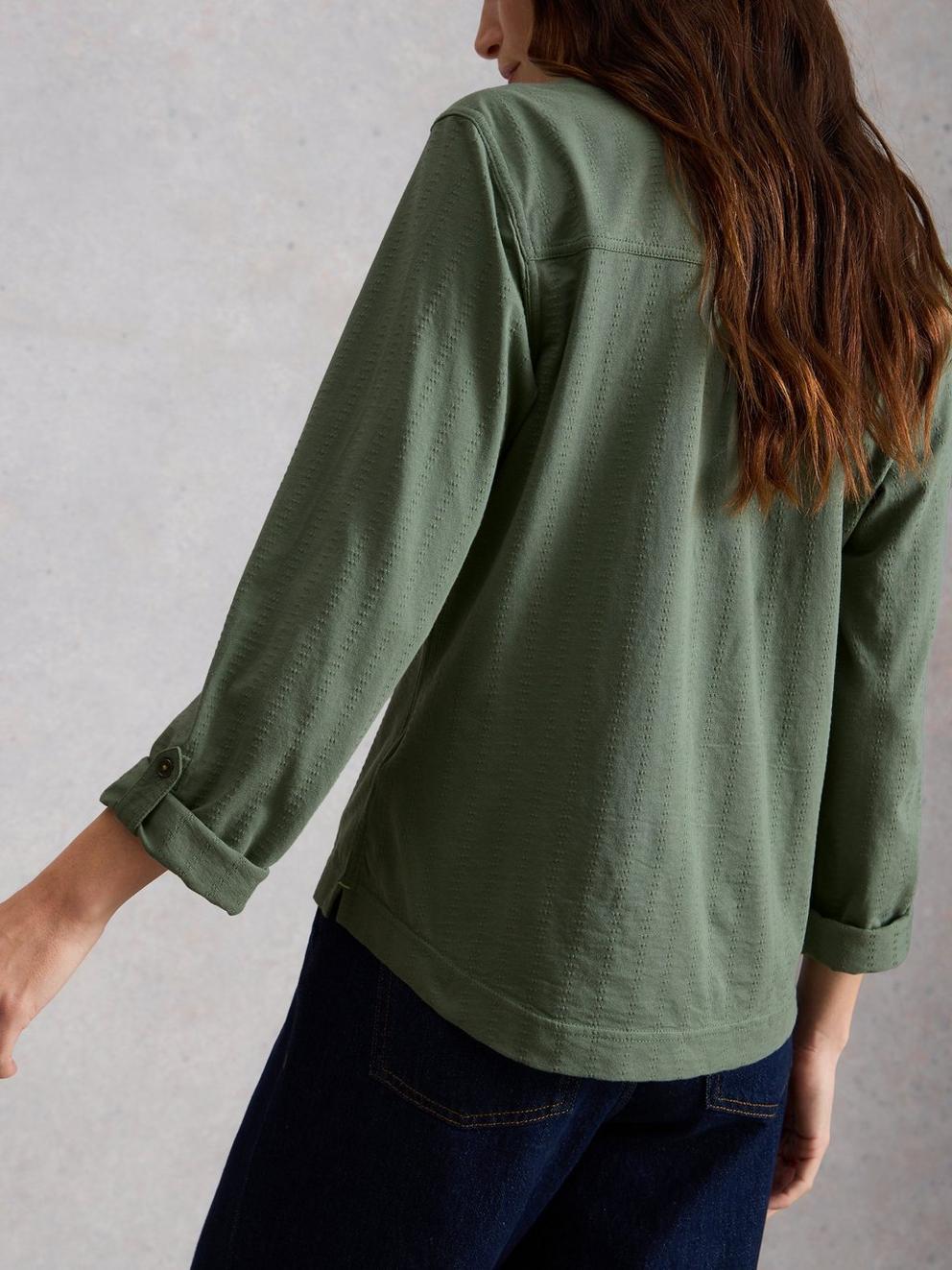 ALLIE JERSEY TEXTURE SHIRT in KHAKI GRN - MODEL BACK