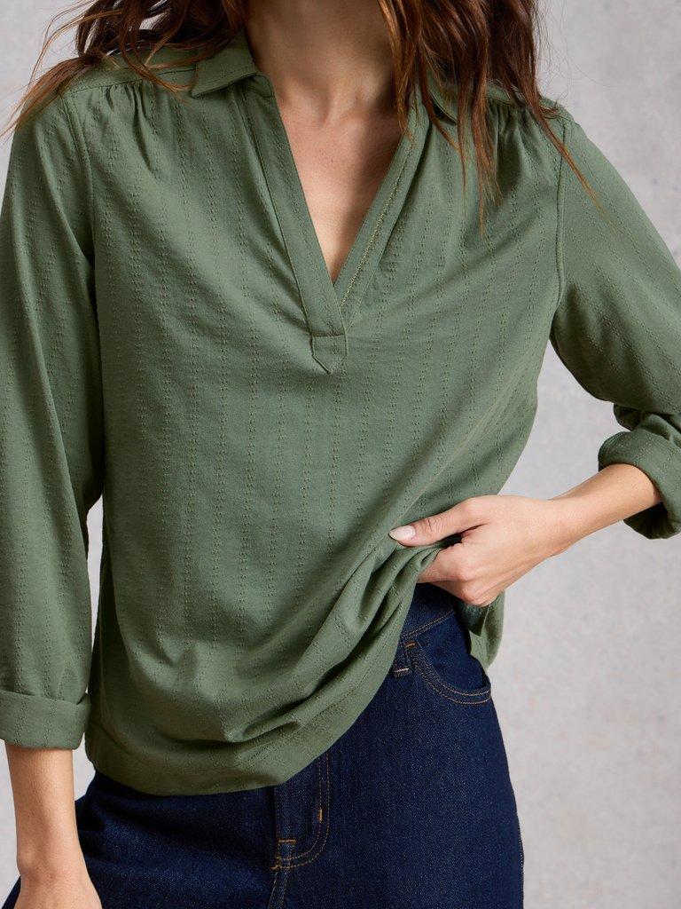 ALLIE JERSEY TEXTURE SHIRT in KHAKI GRN - MODEL DETAIL