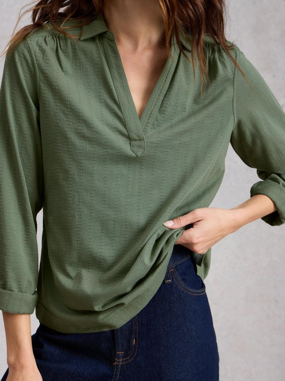 ALLIE JERSEY TEXTURE SHIRT in KHAKI GRN - MODEL DETAIL