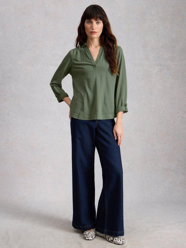 ALLIE JERSEY TEXTURE SHIRT in KHAKI GRN - MODEL FRONT