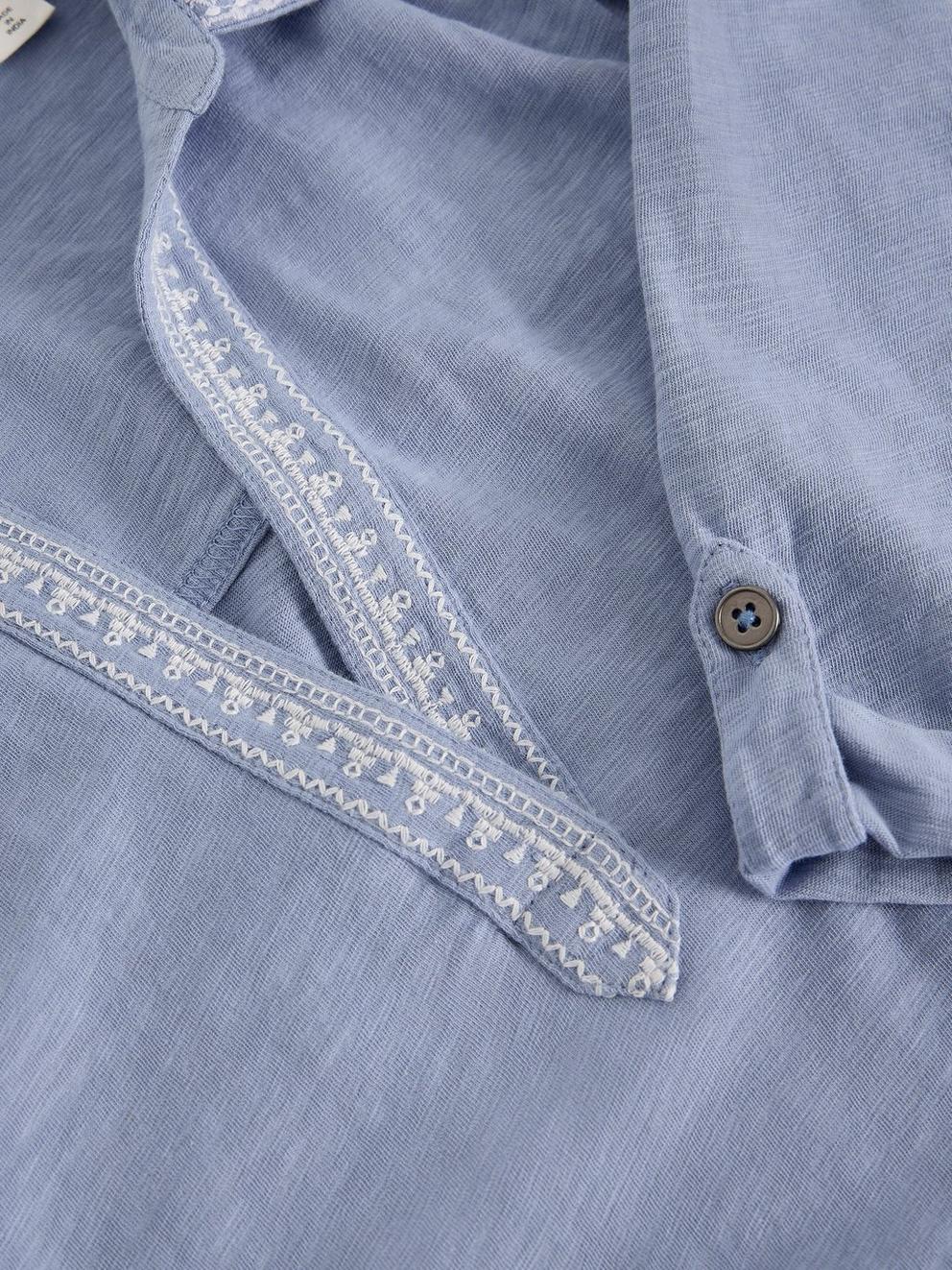 ALLIE EMBROIDERED SS SHIRT in MID BLUE - FLAT DETAIL