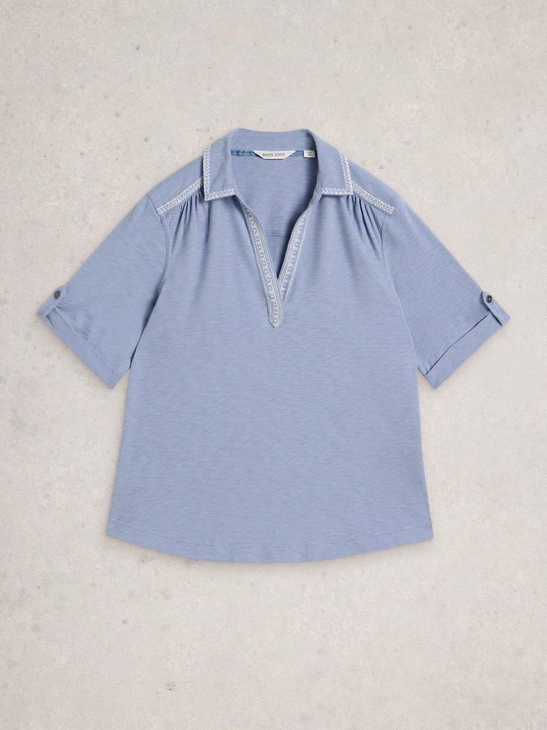 ALLIE EMBROIDERED SS SHIRT in MID BLUE - FLAT FRONT