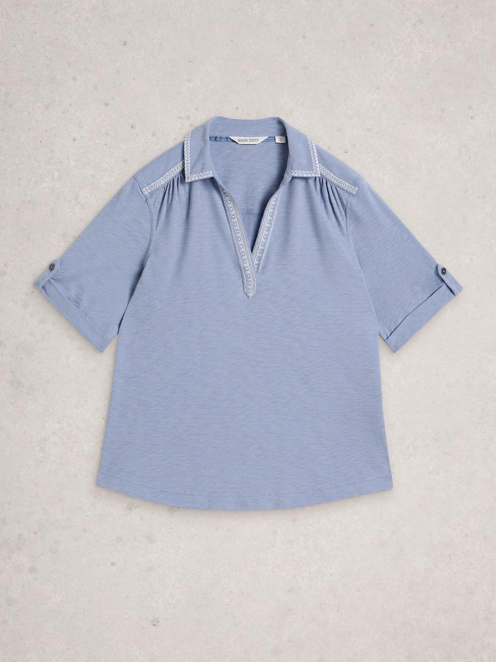 ALLIE EMBROIDERED SS SHIRT in MID BLUE - FLAT FRONT