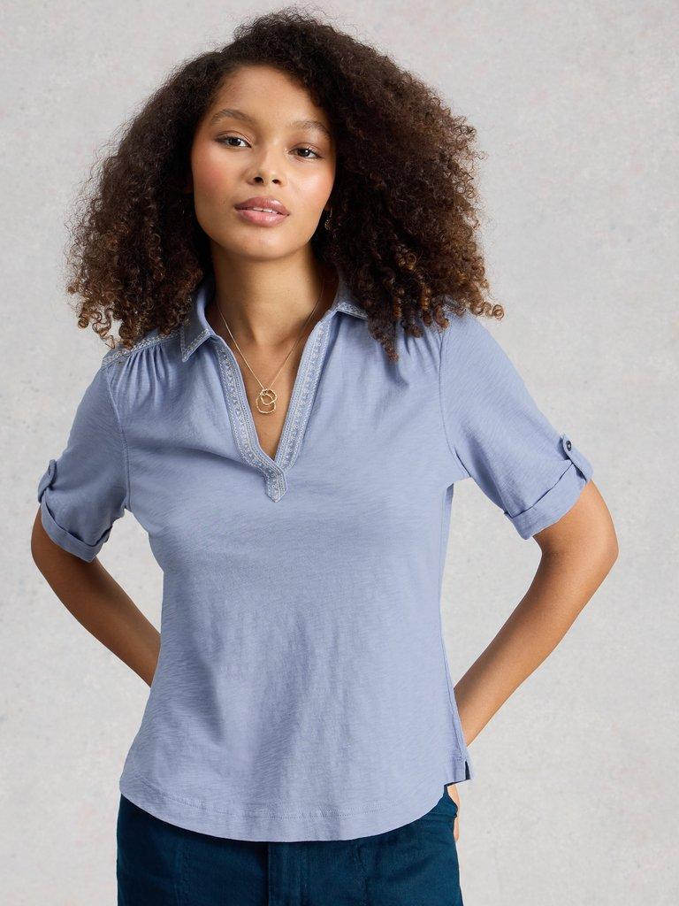 ALLIE EMBROIDERED SS SHIRT in MID BLUE - LIFESTYLE