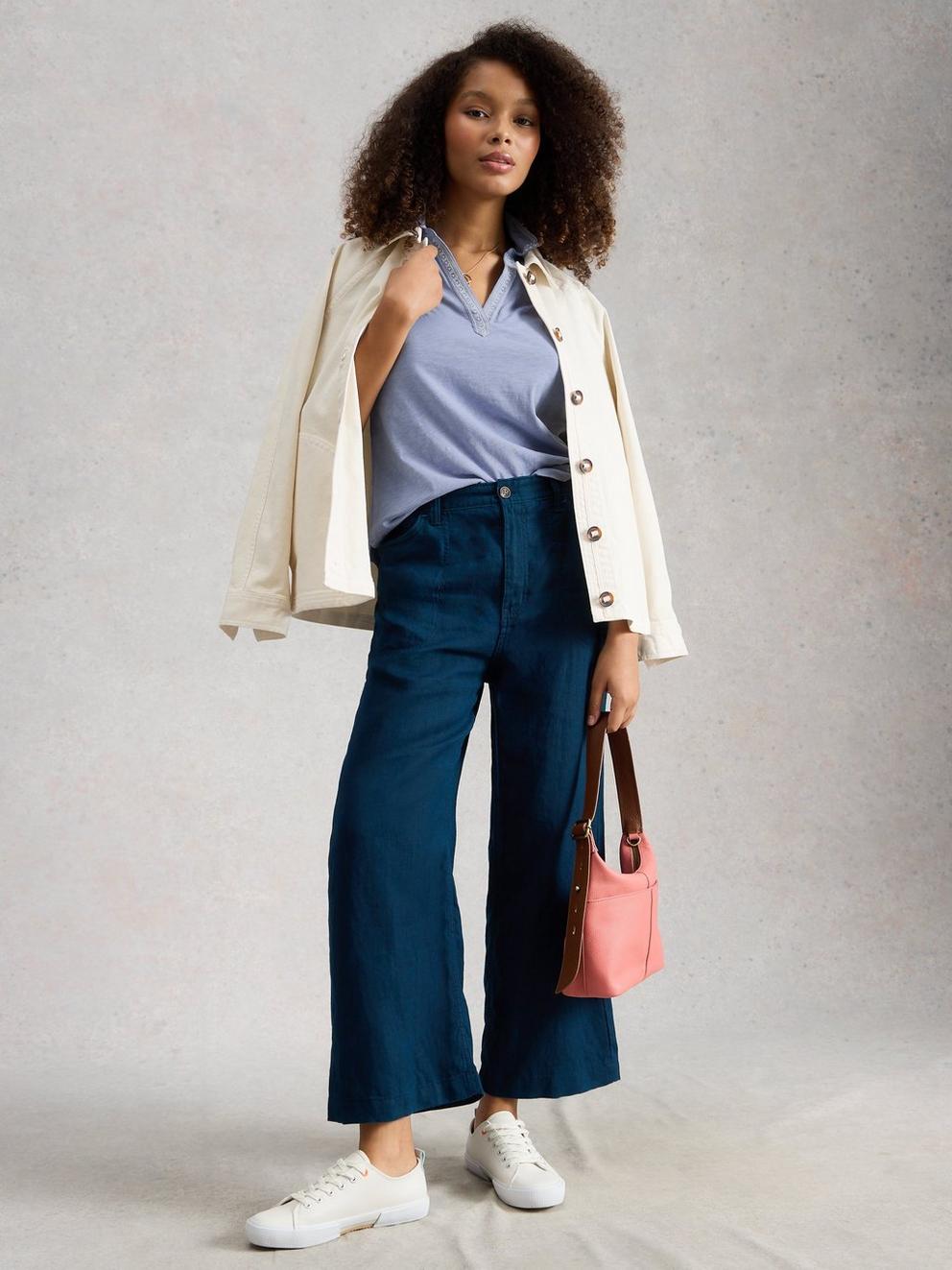 ALLIE EMBROIDERED SS SHIRT in MID BLUE - MODEL FRONT