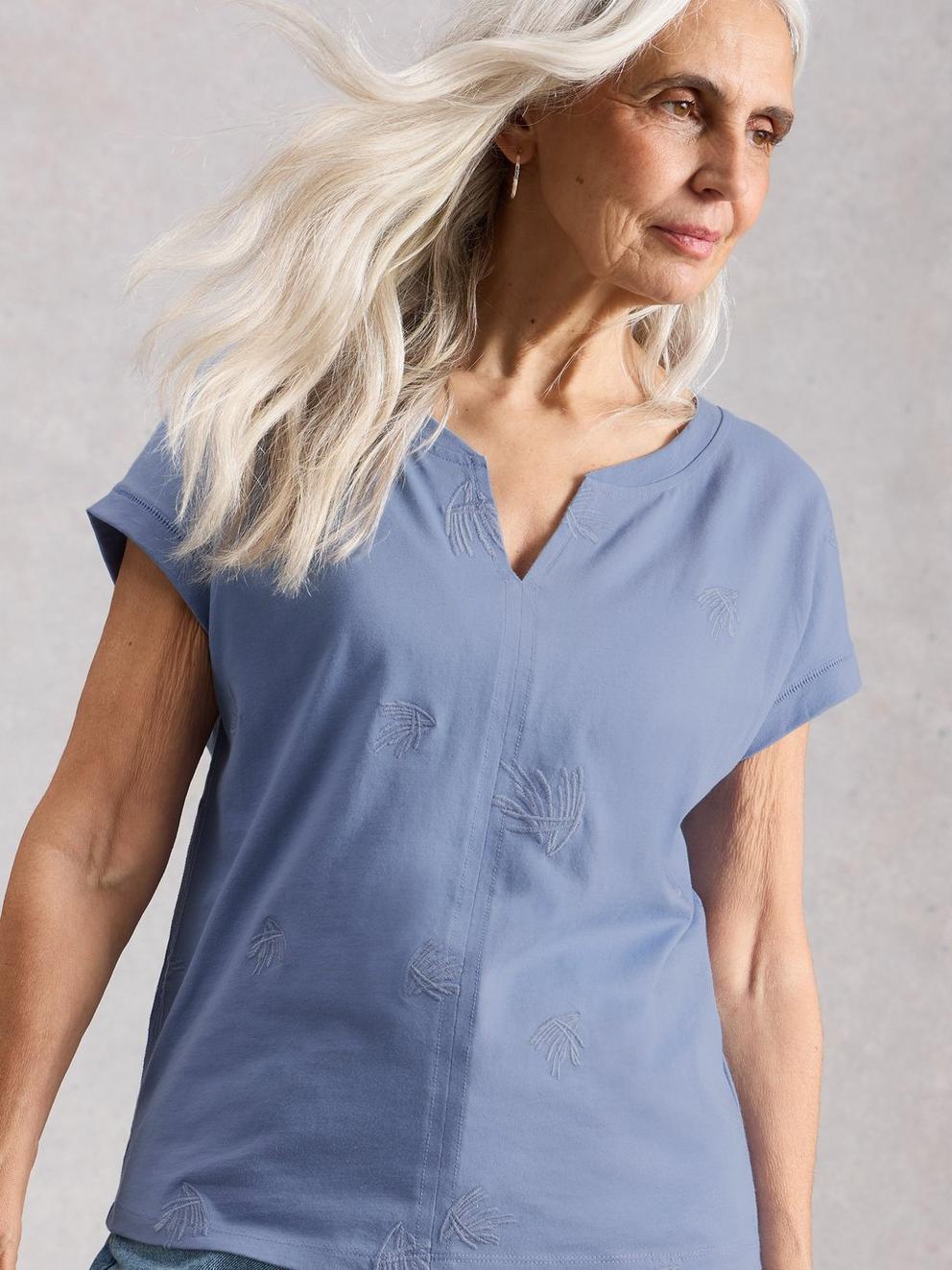 NELLY EMBROIDERED T-SHIRT in MID BLUE - MODEL DETAIL