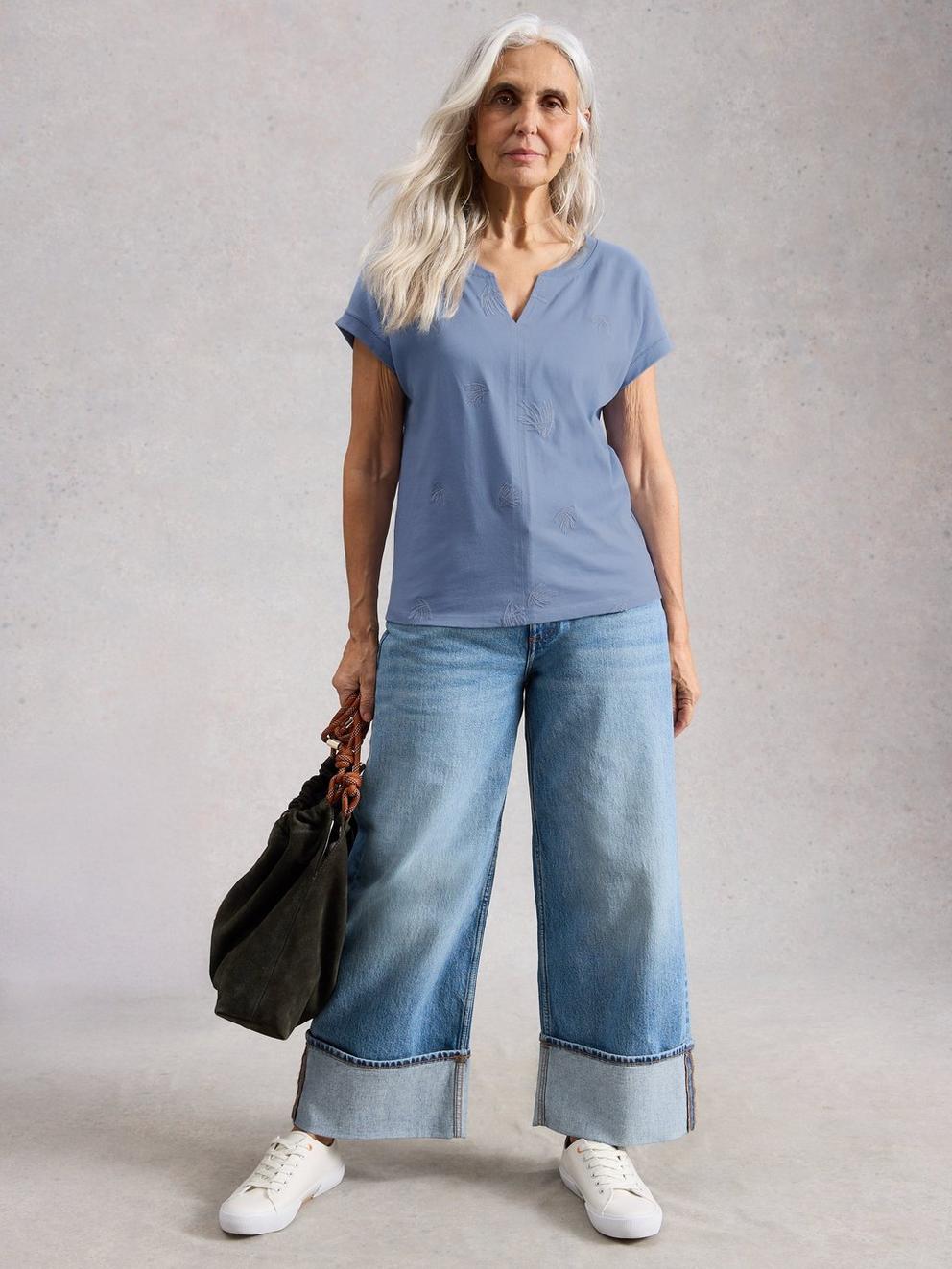 NELLY EMBROIDERED T-SHIRT in MID BLUE - MODEL FRONT