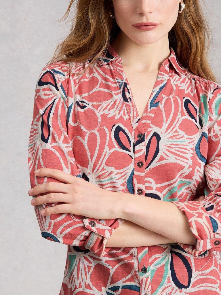 WOMENS ANNIE JERSEY SHIRT COLLARED in MID PINK - MODEL DETAIL