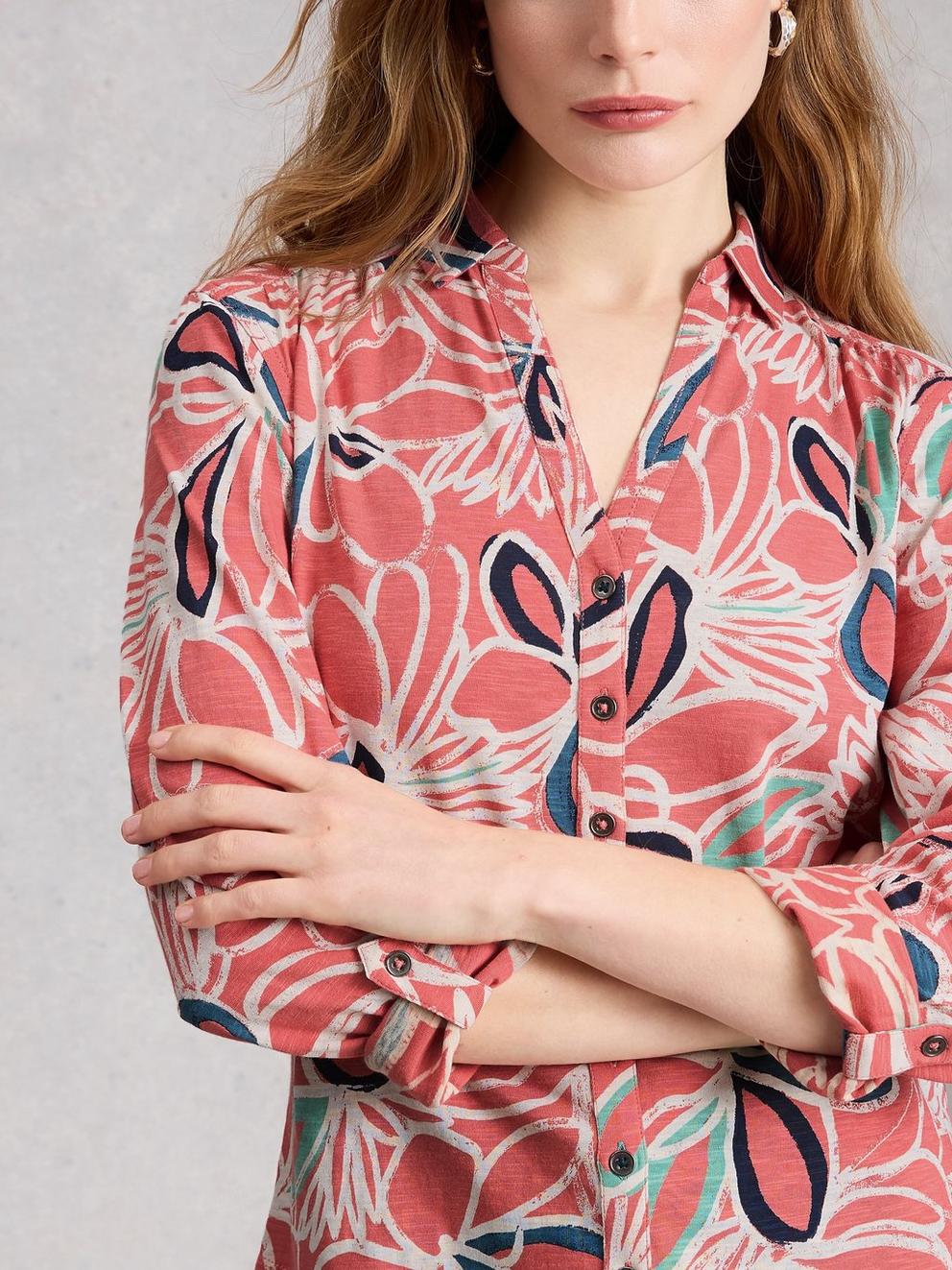 WOMENS ANNIE JERSEY SHIRT COLLARED in MID PINK - MODEL DETAIL