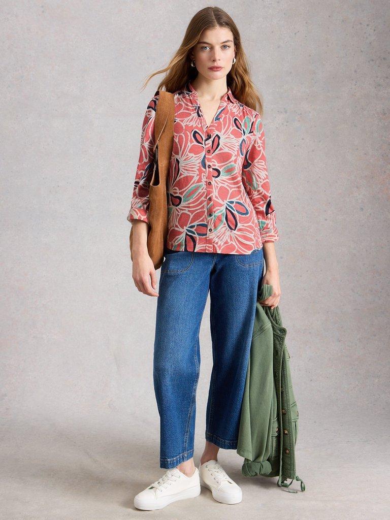 WOMENS ANNIE JERSEY SHIRT COLLARED in MID PINK - MODEL FRONT