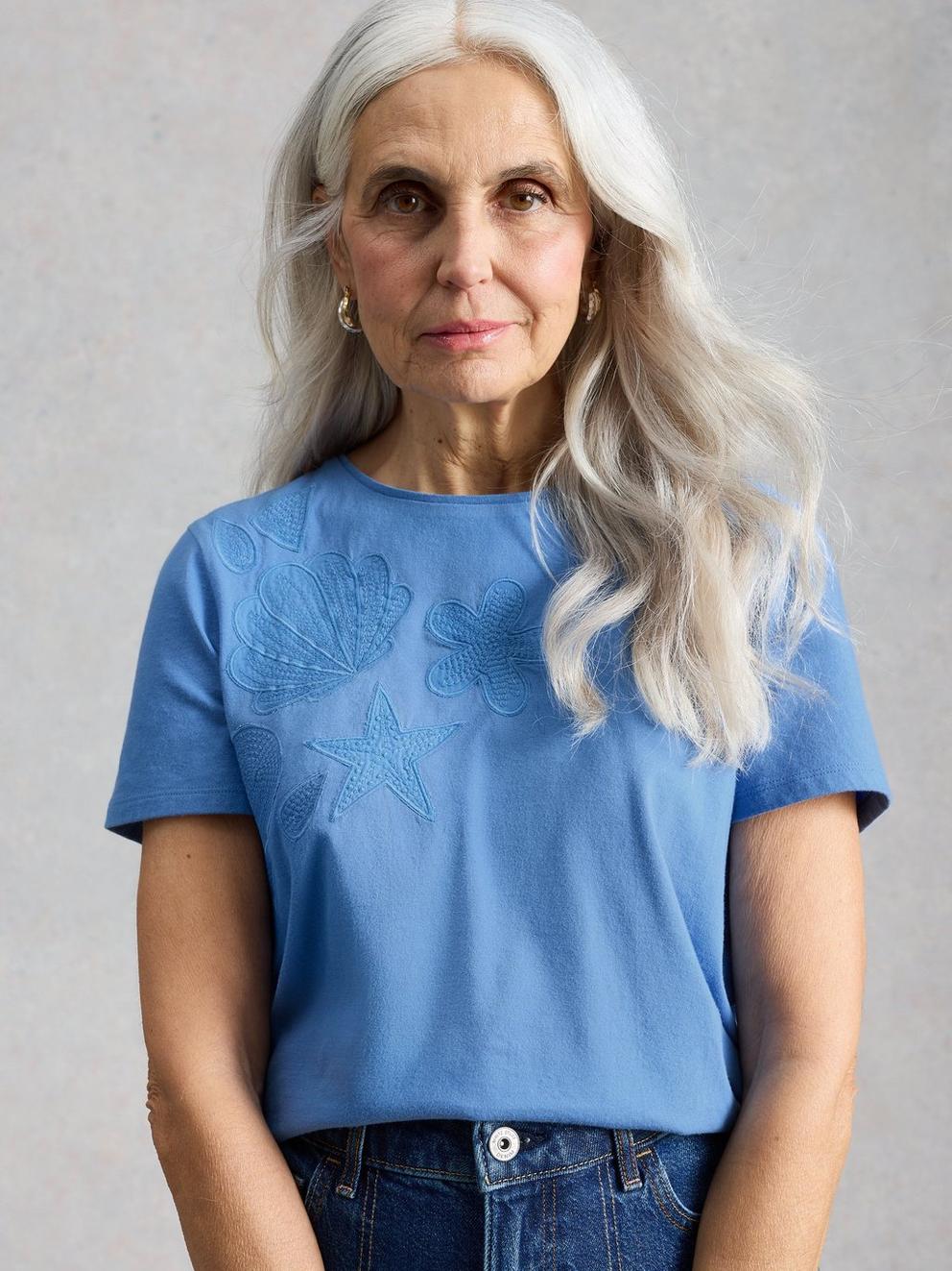 ABBIE EMBROIDERED T-SHIRT in MID BLUE - LIFESTYLE