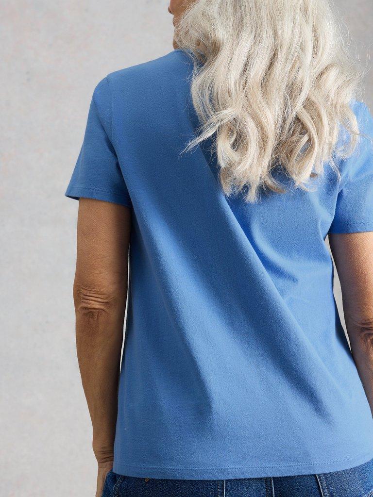 ABBIE EMBROIDERED T-SHIRT in MID BLUE - MODEL BACK