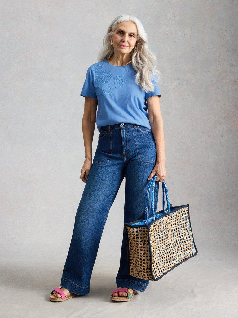 ABBIE EMBROIDERED T-SHIRT in MID BLUE - MODEL FRONT