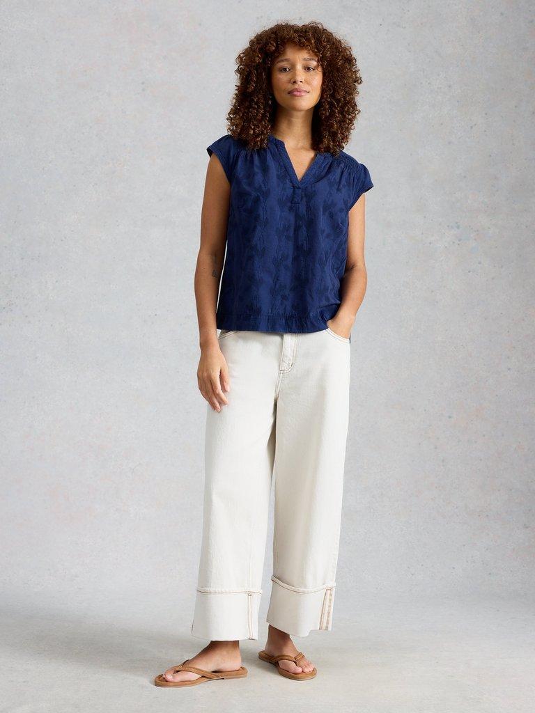 AMELIA EMBROIDERY TOP in INDIGO BLE - MODEL FRONT