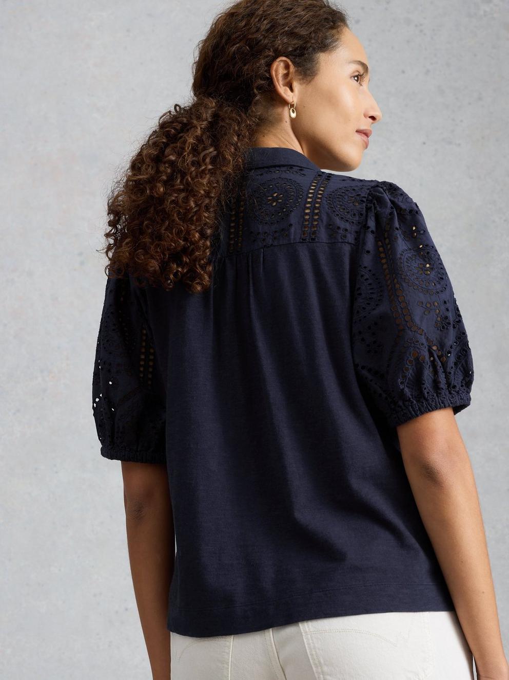 SANDY BRODERIE TOP in DARK NAVY - MODEL BACK