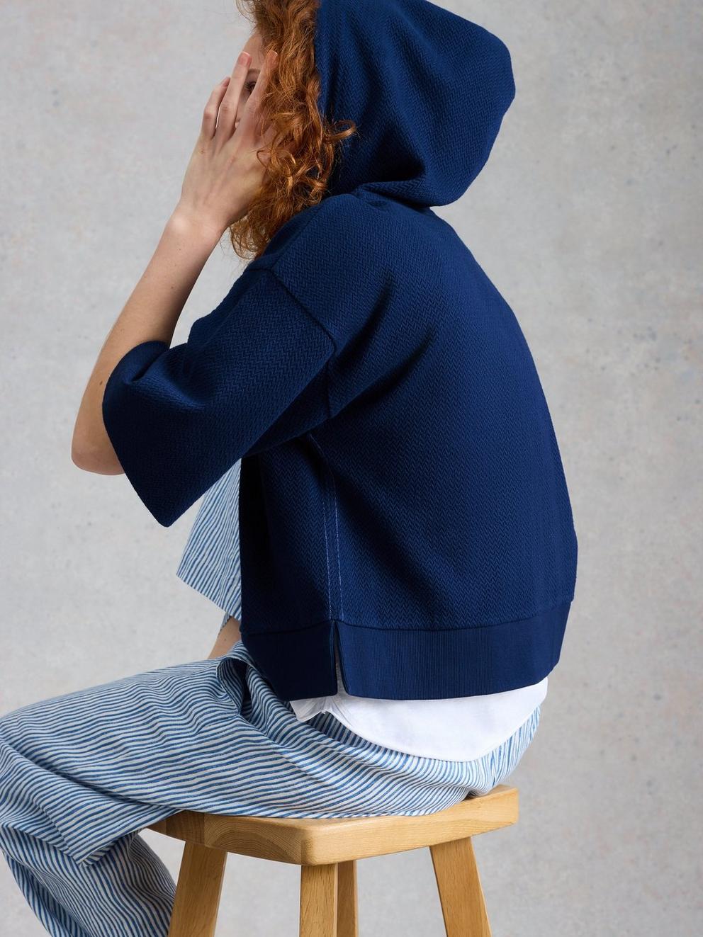 HERRINGBONE HOODIE in DARK NAVY - MODEL BACK
