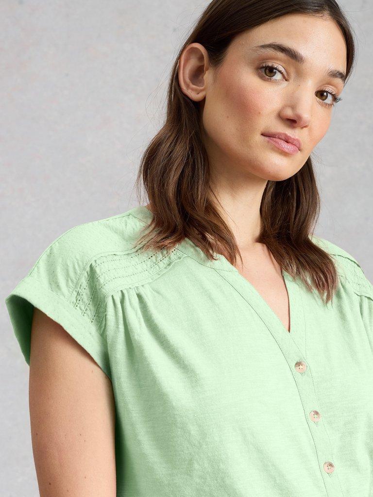 BILLIE BUTTON SHIRT in LGT GREEN - MODEL DETAIL